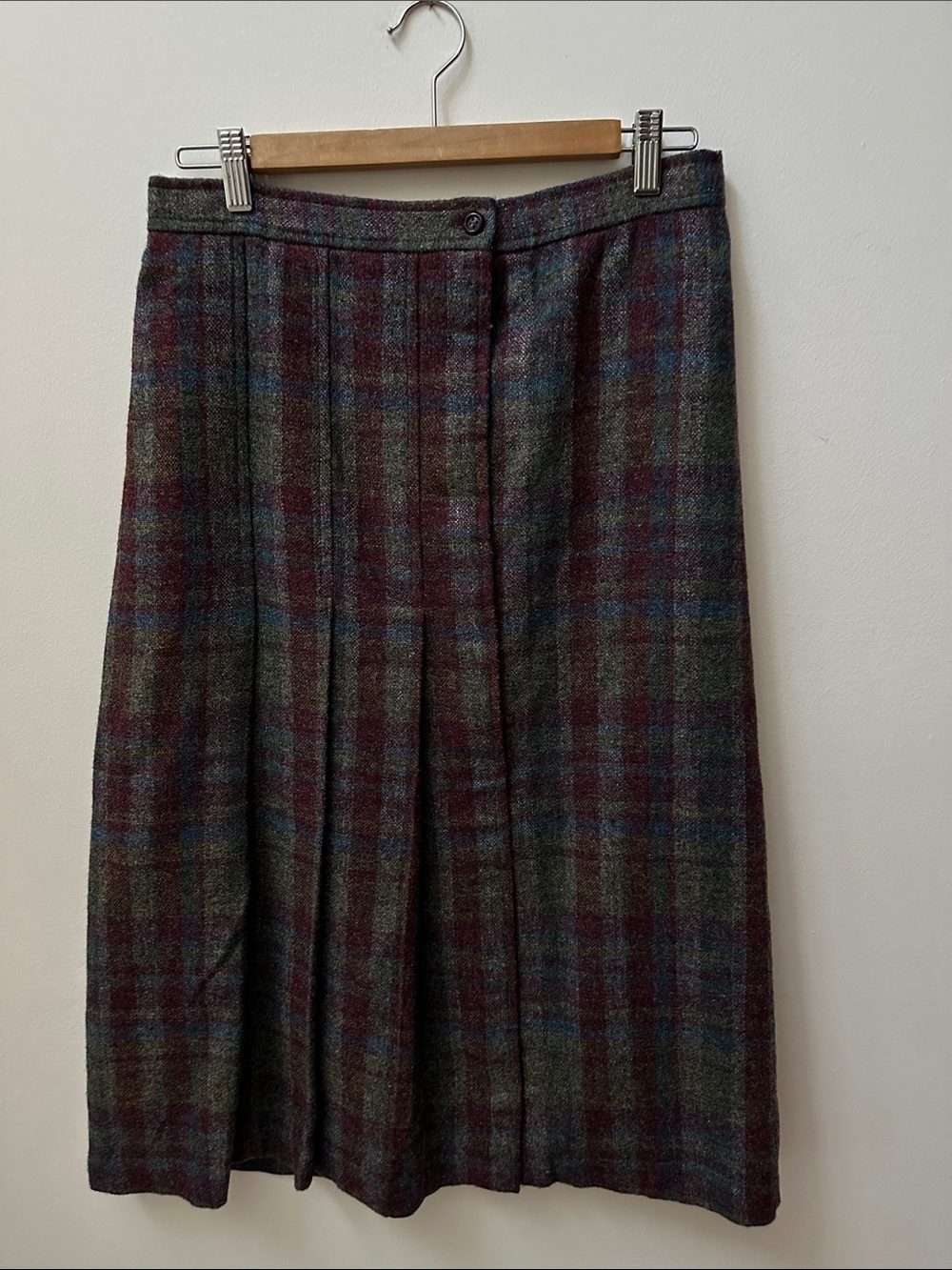 Bagatelle Wool Blend MIDI Skirt Olive, Burgundy & Blue Plaid